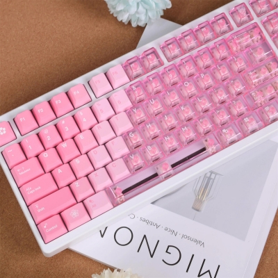 Pink Flower Gradient 94+114 PBT Dye-subbed PC Crystal Semitransparent Backlit Cool Keycaps Set Screen Printing for Cherry MX Keyboard